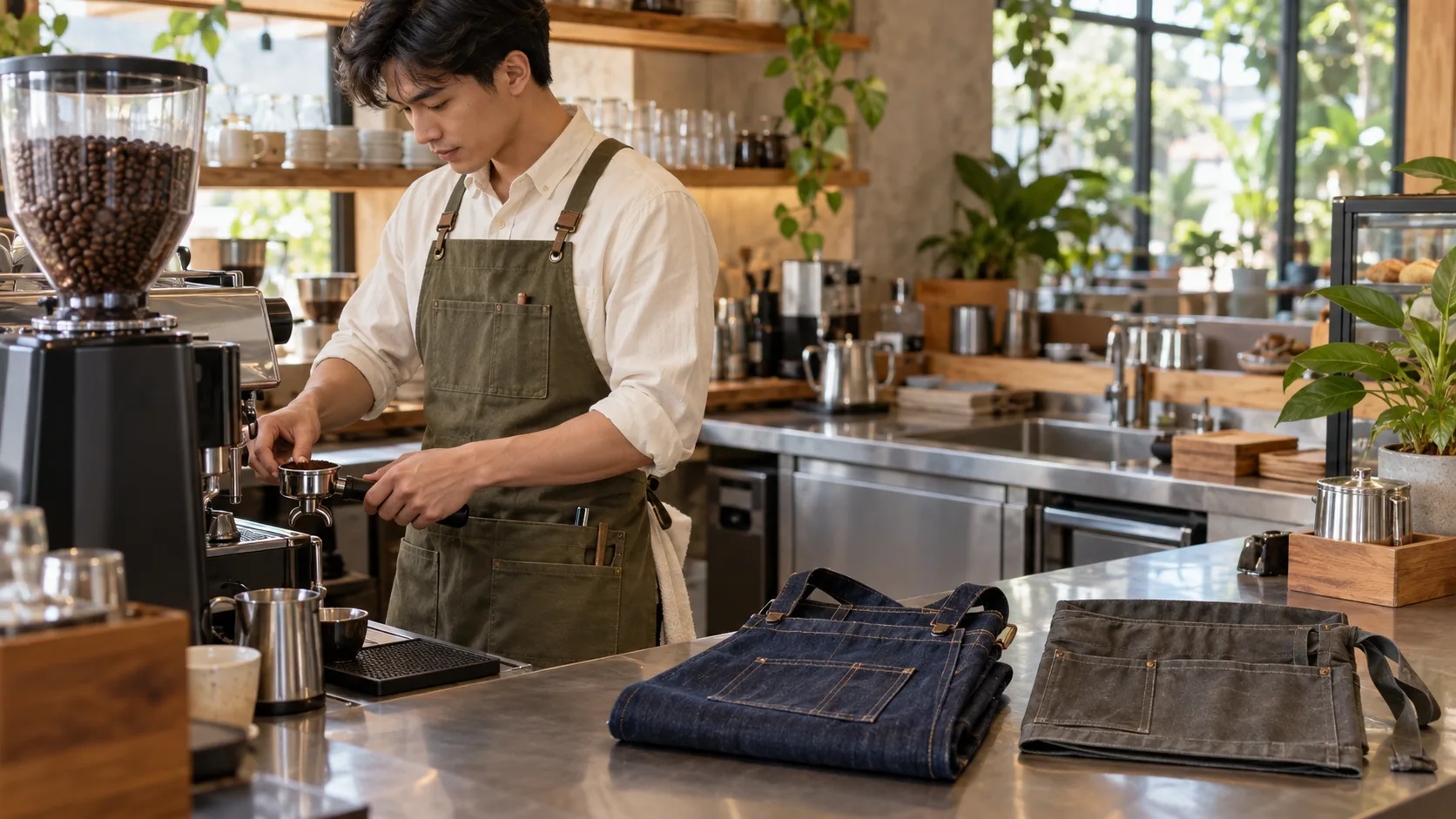 Barista mặc tạp dề canvas màu xanh rêu tại quầy pha chế cà phê