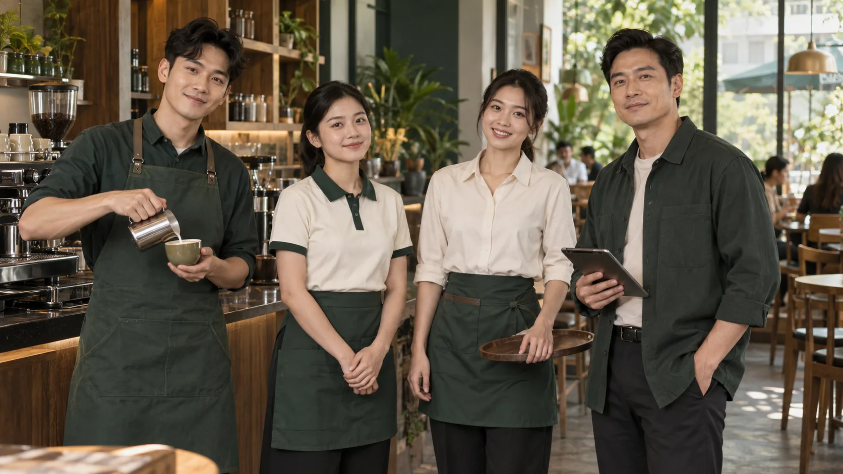 Gợi ý đồng phục quán cà phê cho nhân viên pha chế, phục vụ, thu ngân và quản lý