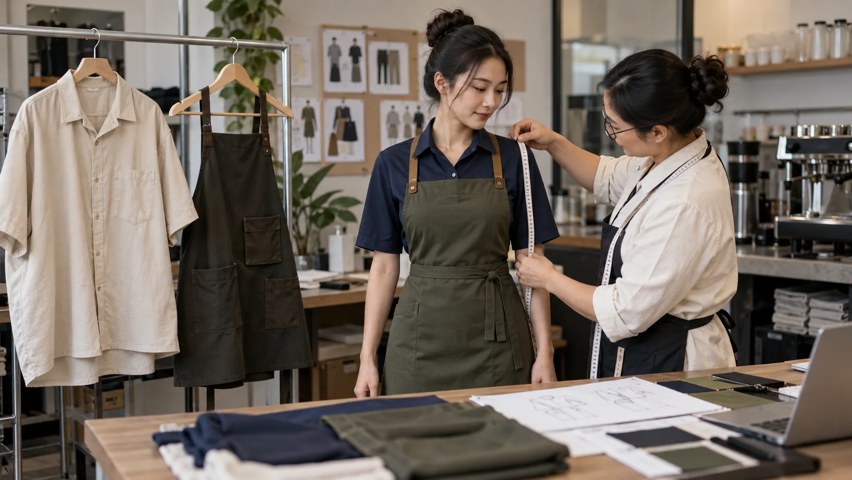 Kiểm tra và đo thử mẫu đồng phục quán cà phê trước khi sản xuất