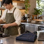 Barista mặc tạp dề canvas màu xanh rêu tại quầy pha chế