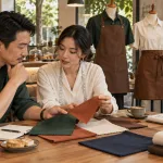 Bảng màu vải xanh rêu, nâu đất, kem và navy cho đồng phục cafe