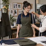 Quản lý quán và thợ may kiểm tra mẫu đồng phục cafe