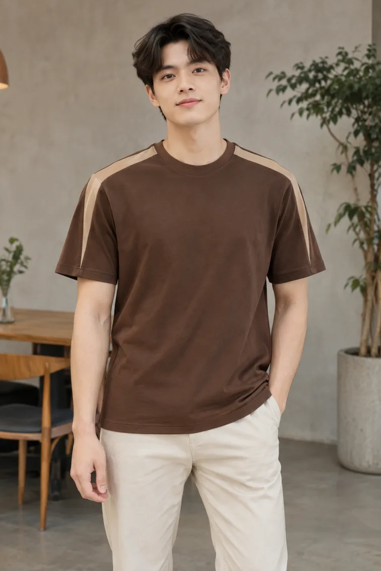 Người mẫu Việt Nam mặc Áo thun đồng phục cổ tròn form regular màu nâu cà phê, vải cotton 100%, phối vai