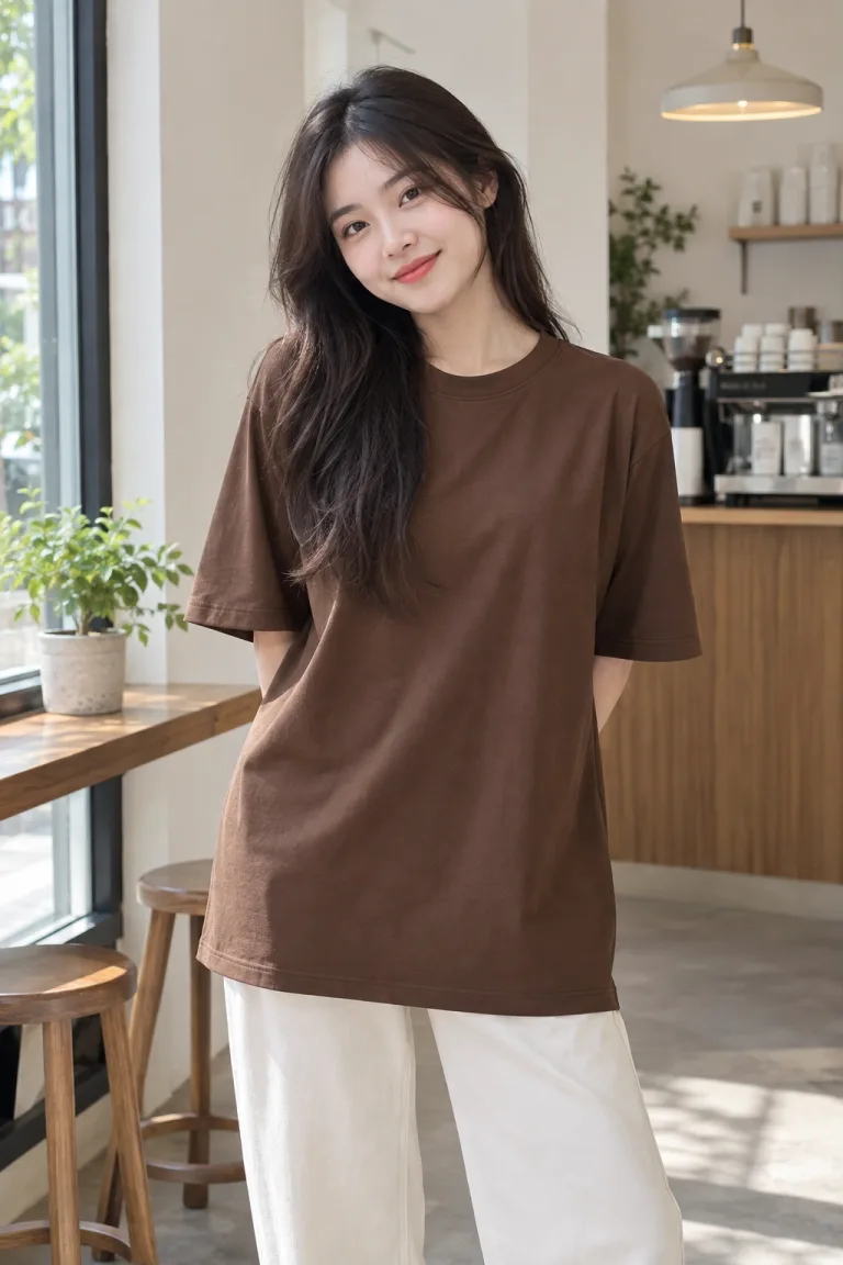 Người mẫu Việt Nam mặc Áo thun đồng phục form oversize 220gsm màu nâu cà phê, vải thun lạnh co giãn, thân trơn tối giản