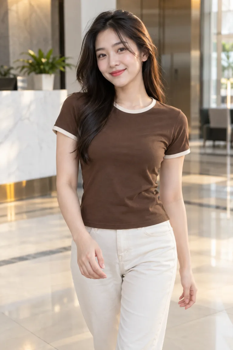 Người mẫu Việt Nam mặc Áo thun đồng phục form baby tee 240gsm màu nâu cà phê, vải thun lạnh co giãn, tay viền màu