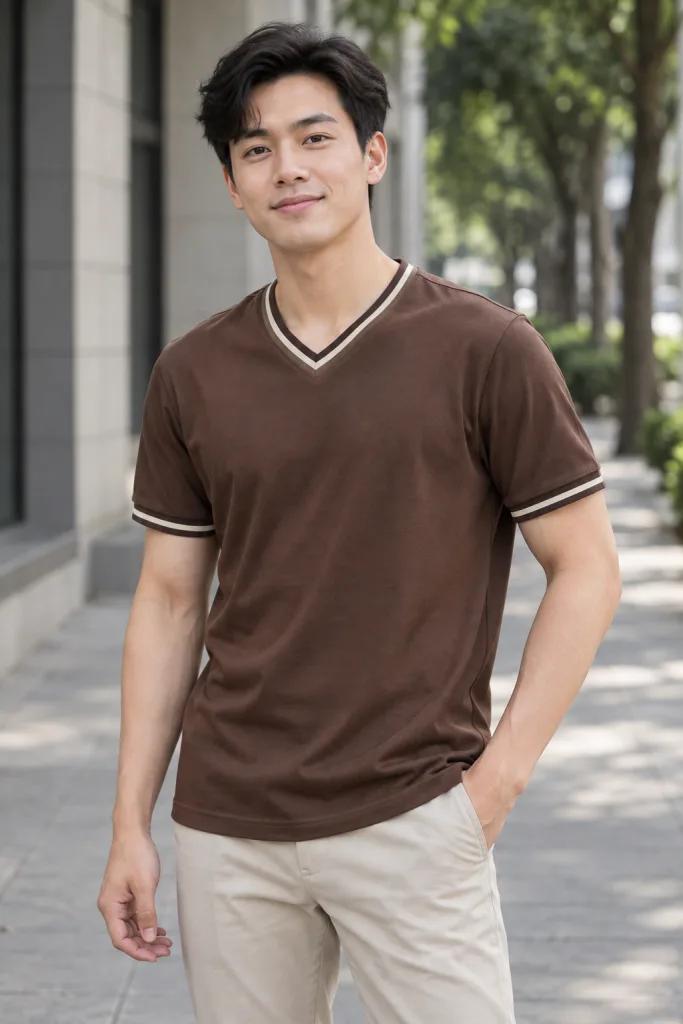 Áo thun đồng phục cổ tim thể thao màu nâu cà phê, vải cotton poly, tay viền màu