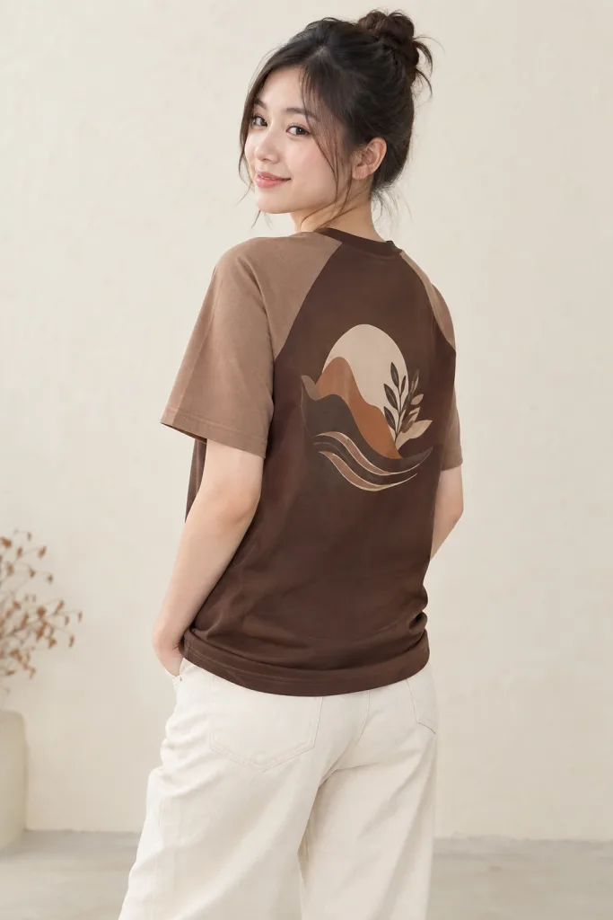 Áo thun đồng phục tay raglan màu nâu cà phê, vải cotton poly, in chuyển nhiệt sau lưng