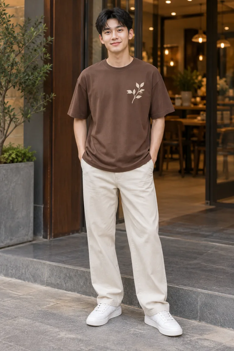 Người mẫu Việt Nam mặc Áo thun đồng phục form suông unisex màu nâu cà phê, vải cotton compact, in lụa trước ngực