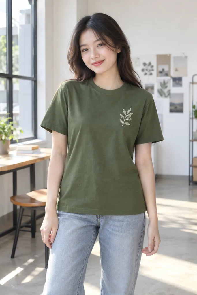 Áo thun đồng phục cổ tròn form regular màu xanh rêu, vải cotton compact, in lụa trước ngực