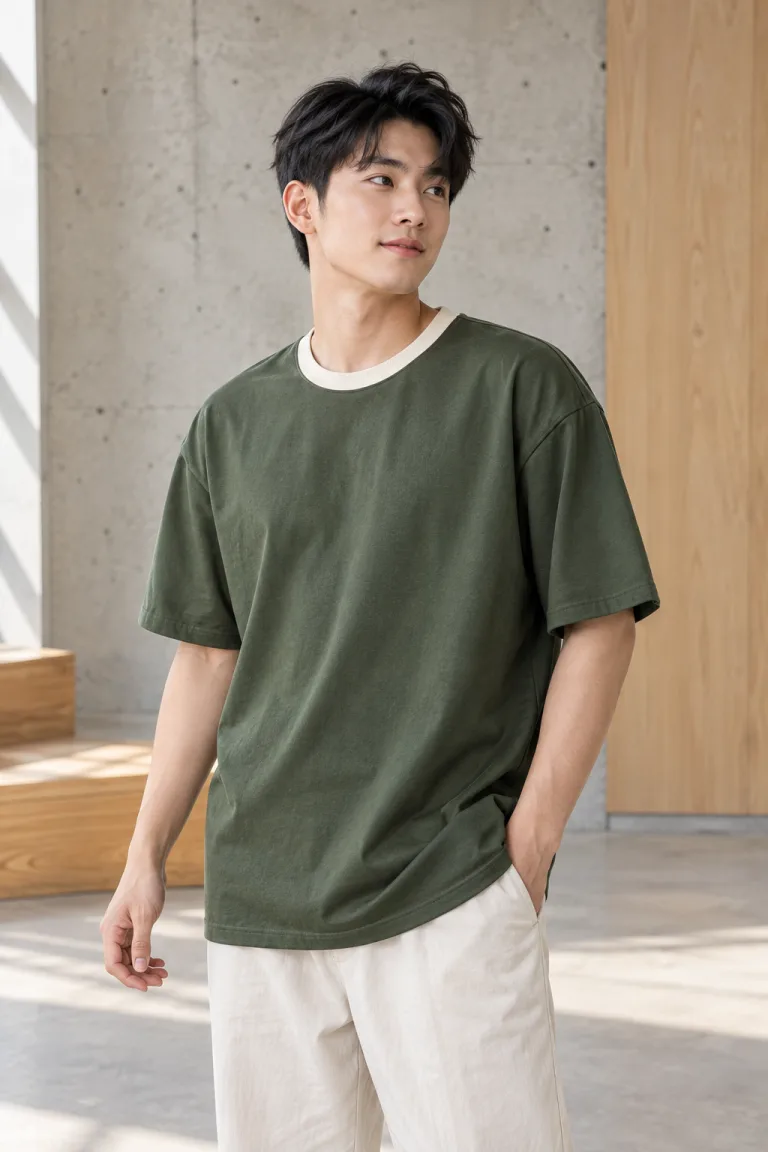 Người mẫu Việt Nam mặc Áo thun đồng phục form oversize 220gsm màu xanh rêu, vải cotton 100%, bo cổ tương phản
