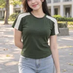 Áo thun đồng phục form baby tee 240gsm màu xanh rêu, vải cotton 100%, phối vai