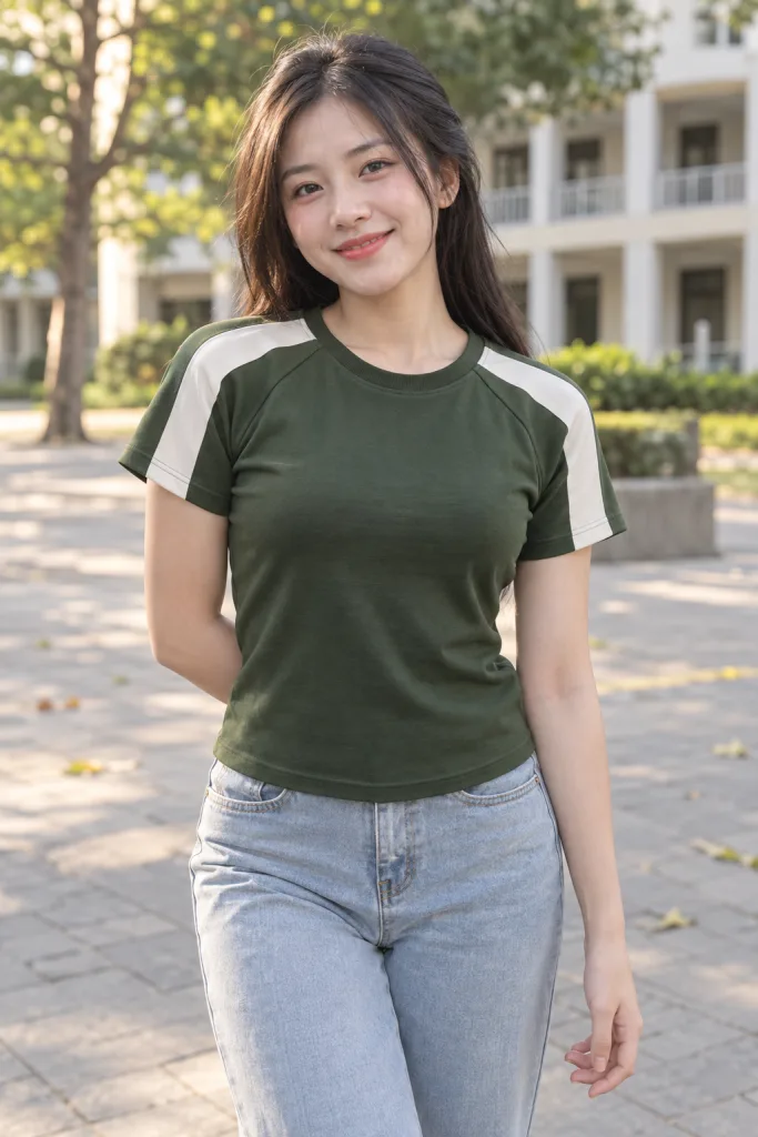 Người mẫu Việt Nam mặc Áo thun đồng phục form baby tee 240gsm màu xanh rêu, vải cotton 100%, phối vai