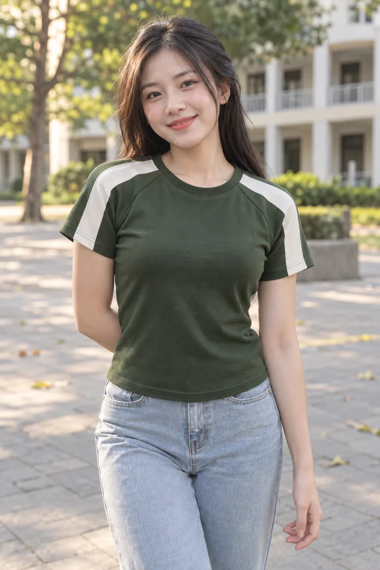 Người mẫu Việt Nam mặc Áo thun đồng phục form baby tee 240gsm màu xanh rêu, vải cotton 100%, phối vai