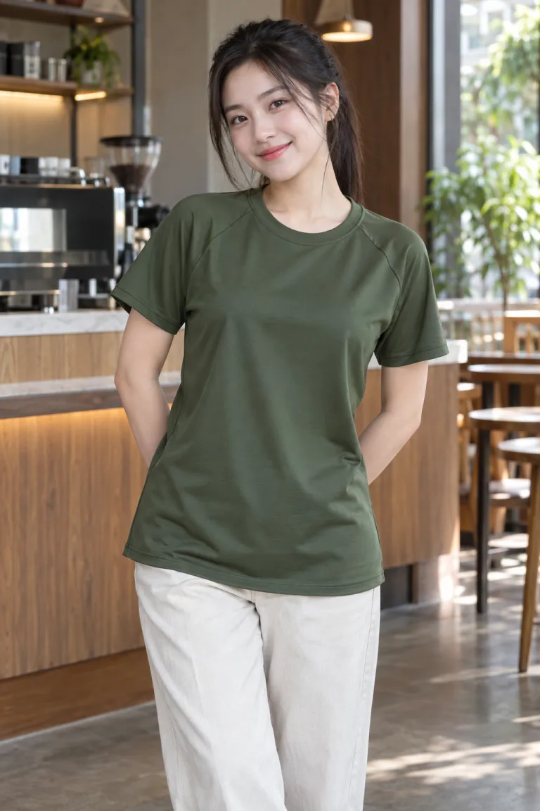Người mẫu Việt Nam mặc Áo thun đồng phục tay raglan màu xanh rêu, vải thun lạnh co giãn, thân trơn tối giản