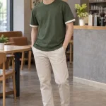 Áo thun đồng phục form suông unisex màu xanh rêu, vải cotton poly, tay viền màu