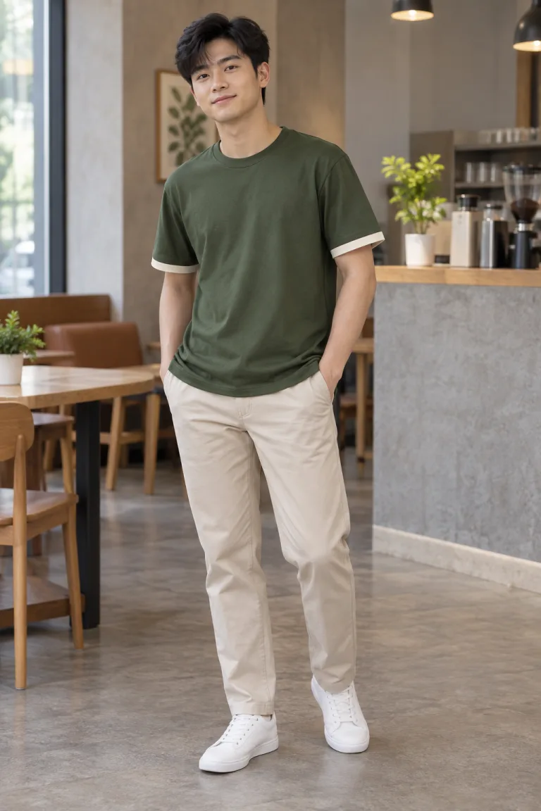 Người mẫu Việt Nam mặc Áo thun đồng phục form suông unisex màu xanh rêu, vải cotton poly, tay viền màu