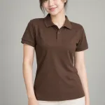 Áo polo đồng phục cổ bẻ trơn màu nâu cà phê, vải cá sấu cotton, bo tay đồng màu