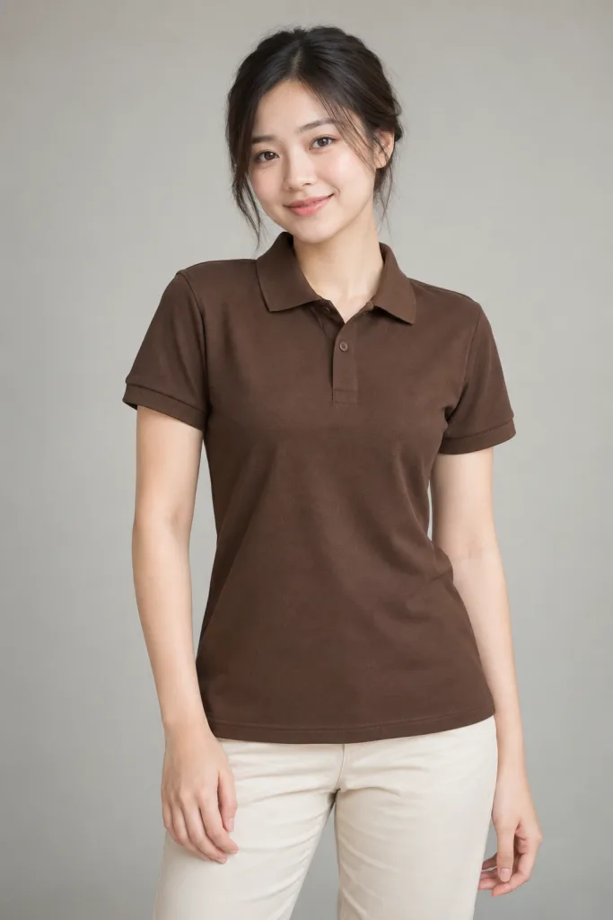 Áo polo đồng phục cổ bẻ trơn màu nâu cà phê, vải cá sấu cotton, bo tay đồng màu