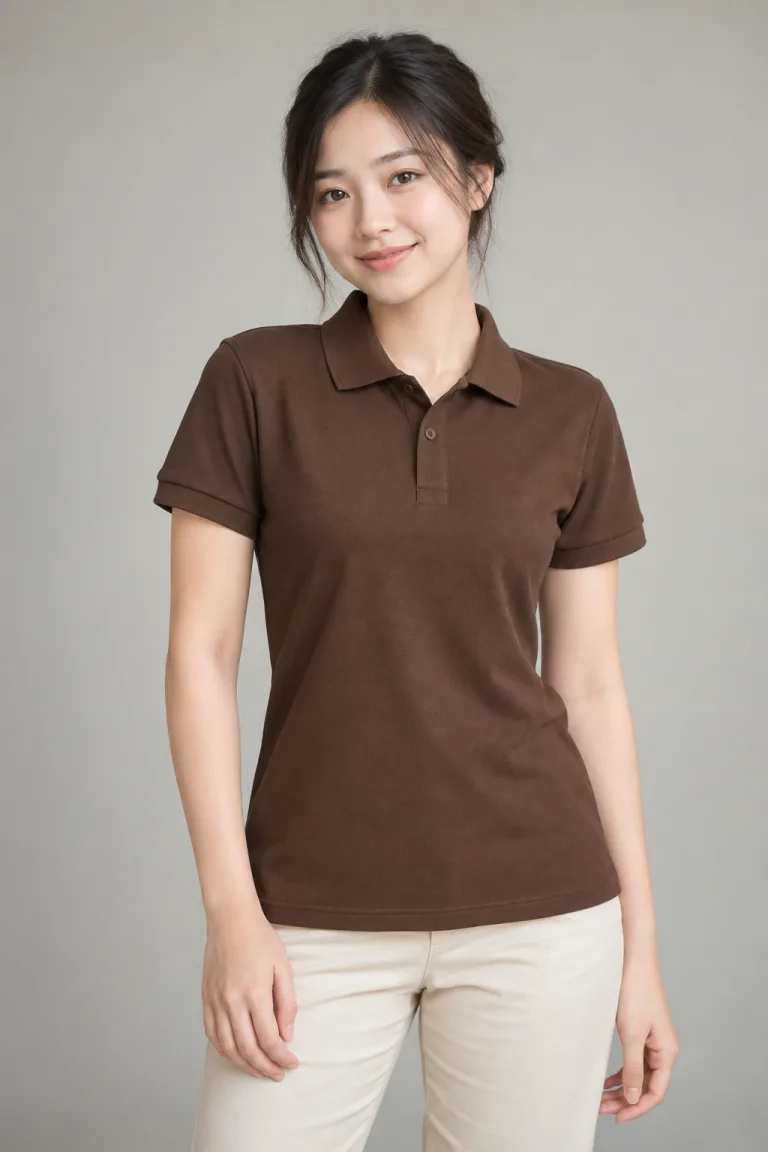 Người mẫu Việt Nam mặc Áo polo đồng phục cổ bẻ trơn màu nâu cà phê, vải cá sấu cotton, bo tay đồng màu