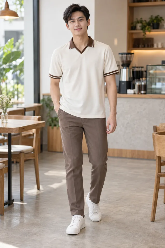 Người mẫu Việt Nam mặc Áo polo đồng phục cổ V phối viền màu nâu cà phê, vải cotton rayon, thân áo tối giản