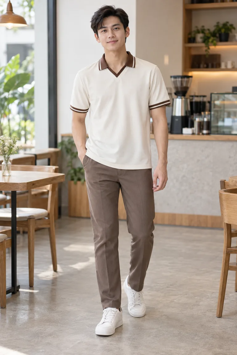 Người mẫu Việt Nam mặc Áo polo đồng phục cổ V phối viền màu nâu cà phê, vải cotton rayon, thân áo tối giản