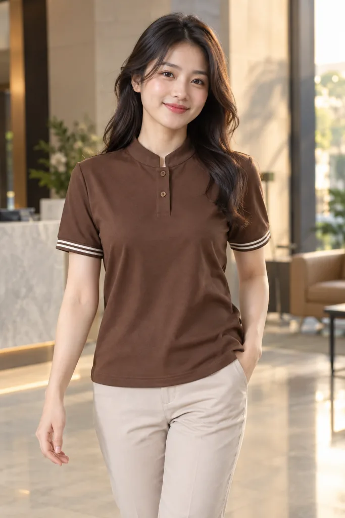 Người mẫu Việt Nam mặc Áo polo đồng phục cổ tàu tối giản màu nâu cà phê, vải cotton rayon, tay áo phối sọc