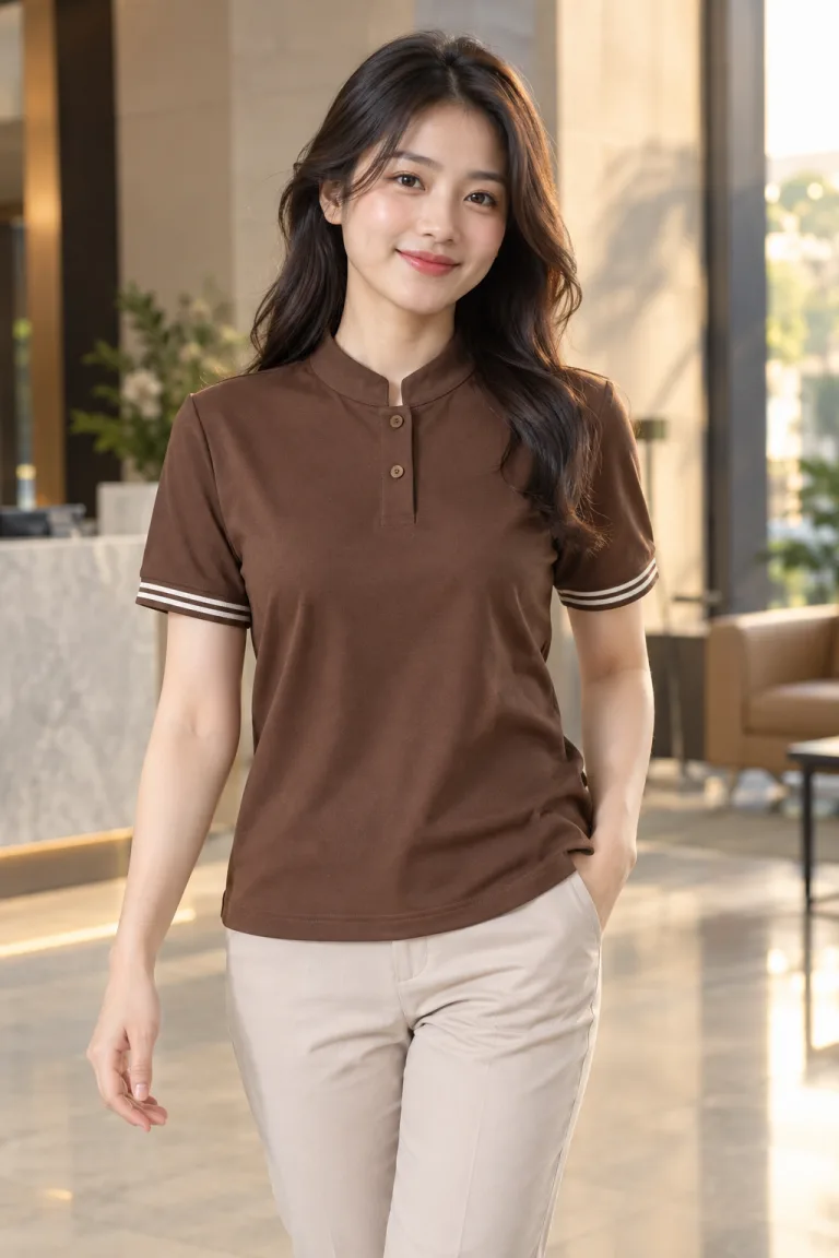 Người mẫu Việt Nam mặc Áo polo đồng phục cổ tàu tối giản màu nâu cà phê, vải cotton rayon, tay áo phối sọc