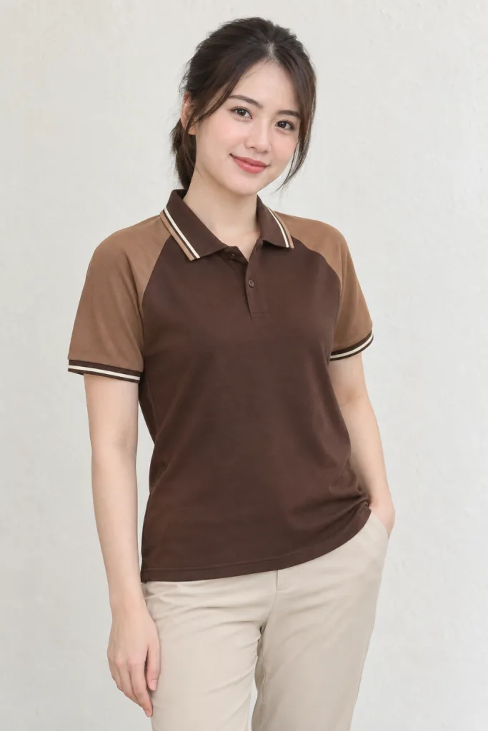 Áo polo đồng phục phối vai raglan màu nâu cà phê, vải cotton poly 220gsm, viền cổ tương phản