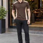 Áo polo đồng phục phối sườn thể thao màu nâu cà phê, vải pique poly co giãn, vai phối màu
