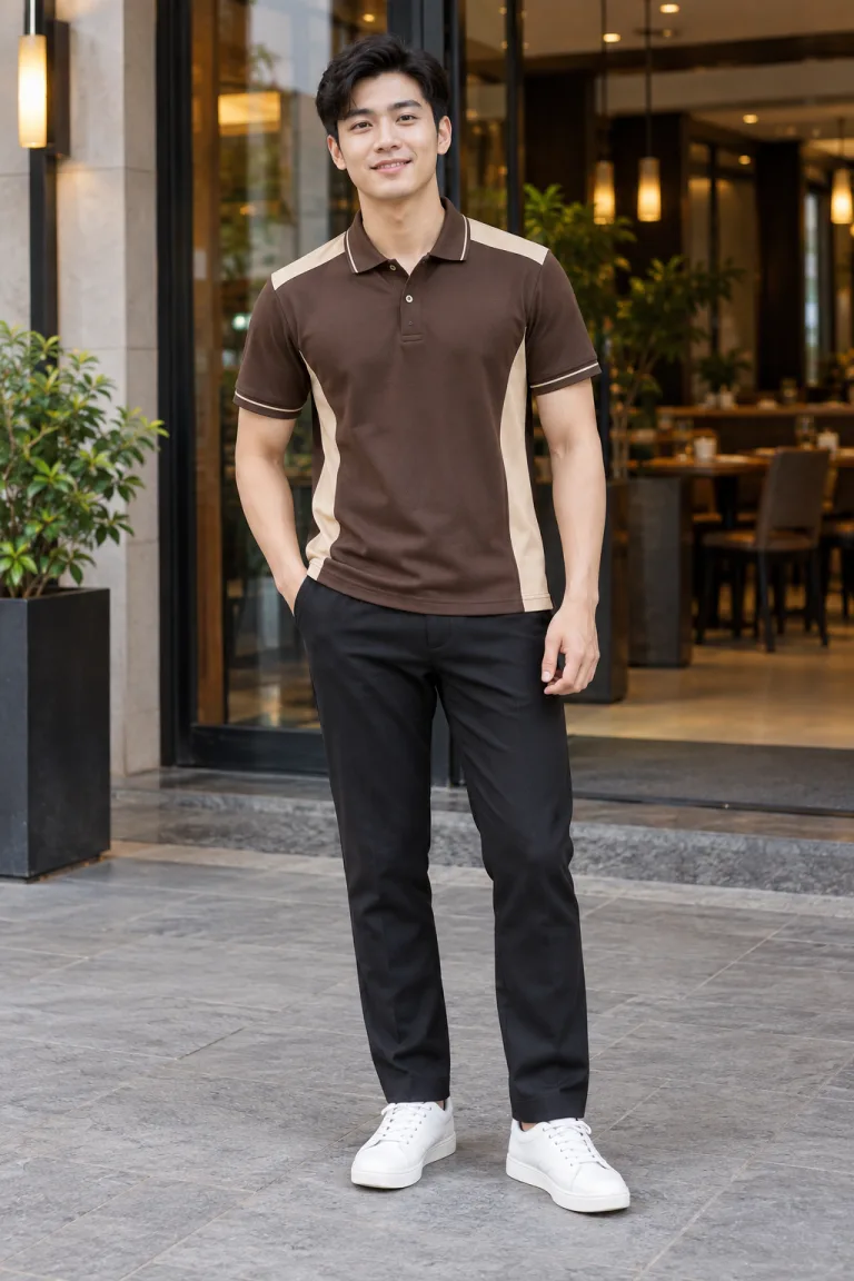 Người mẫu Việt Nam mặc Áo polo đồng phục phối sườn thể thao màu nâu cà phê, vải pique poly co giãn, vai phối màu