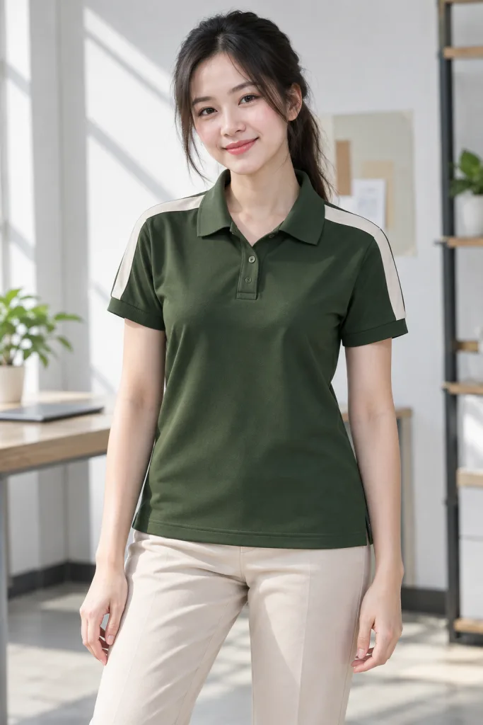 Áo polo đồng phục cổ bẻ trơn màu xanh rêu, vải pique poly co giãn, vai phối màu
