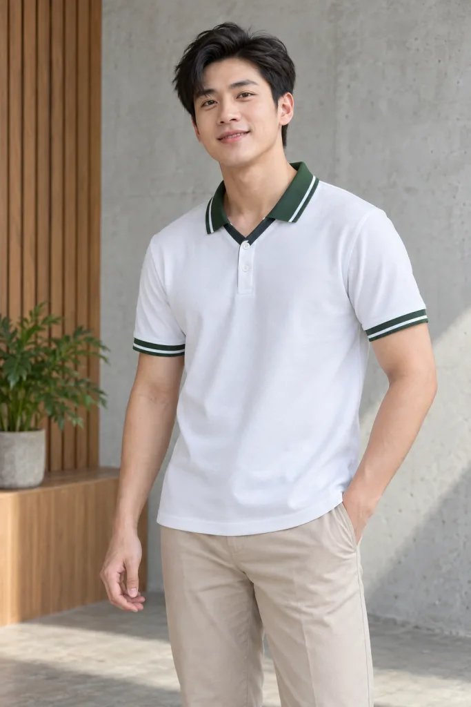 Người mẫu Việt Nam mặc Áo polo đồng phục cổ V phối viền màu xanh rêu, vải cá sấu cotton, nẹp cổ hai nút