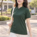 Áo polo đồng phục cổ tàu tối giản màu xanh rêu, vải cá sấu cotton, bo tay đồng màu