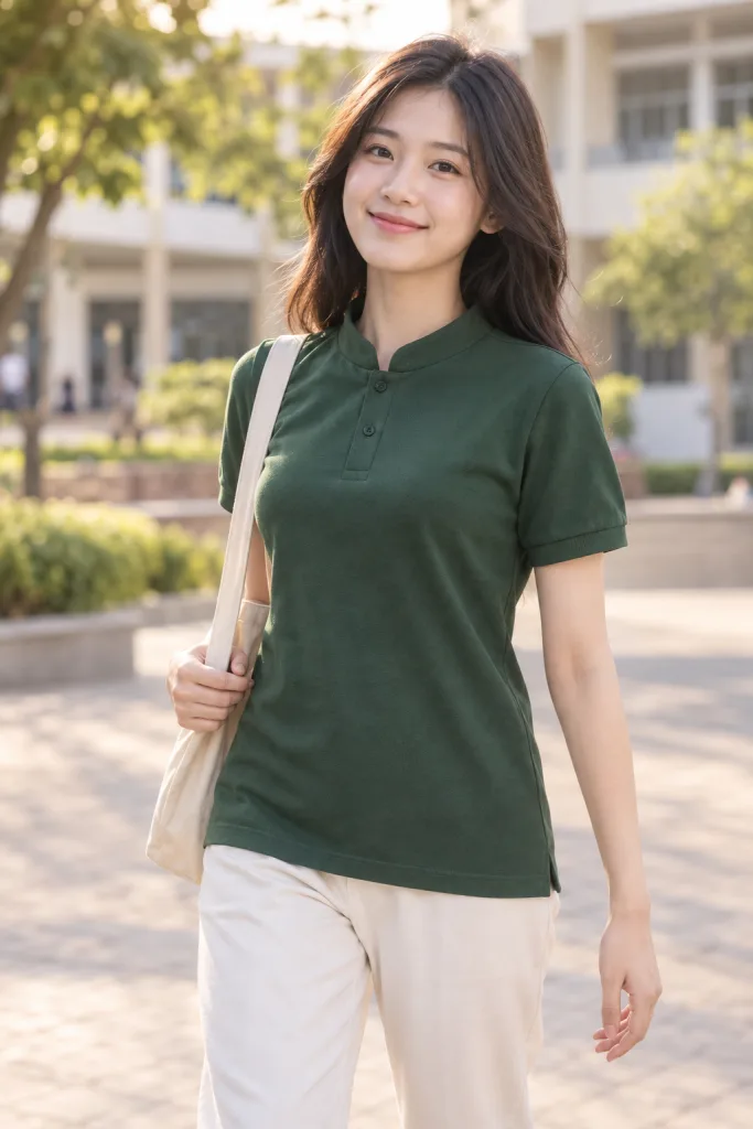 Người mẫu Việt Nam mặc Áo polo đồng phục cổ tàu tối giản màu xanh rêu, vải cá sấu cotton, bo tay đồng màu