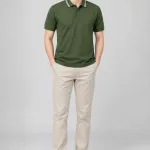 Áo polo đồng phục bo cổ sọc màu xanh rêu, vải cotton rayon, bo tay đồng màu