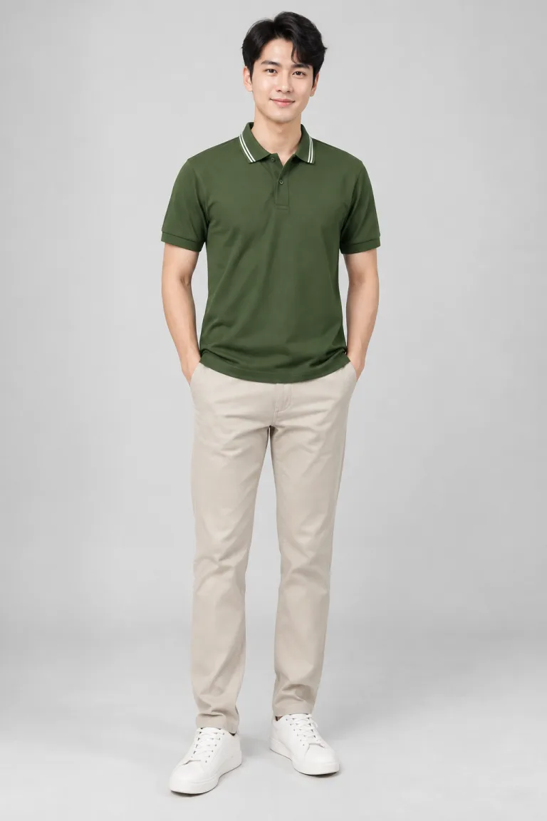 Người mẫu Việt Nam mặc Áo polo đồng phục bo cổ sọc màu xanh rêu, vải cotton rayon, bo tay đồng màu