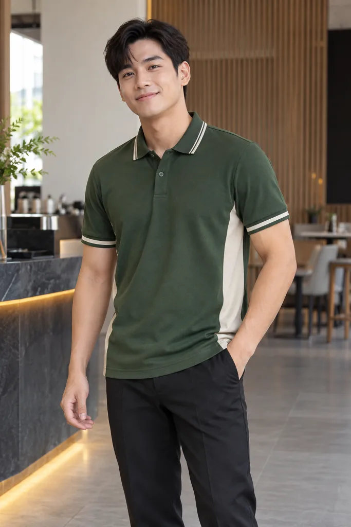 Người mẫu Việt Nam mặc Áo polo đồng phục phối sườn thể thao màu xanh rêu, vải cotton poly 220gsm, tay áo phối sọc