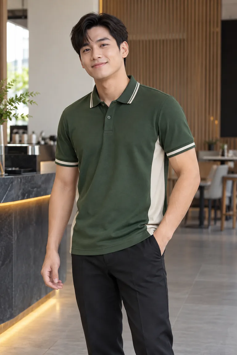 Người mẫu Việt Nam mặc Áo polo đồng phục phối sườn thể thao màu xanh rêu, vải cotton poly 220gsm, tay áo phối sọc