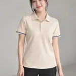 Áo polo đồng phục cổ bẻ trơn màu be kem, vải cotton poly 220gsm, tay áo phối sọc