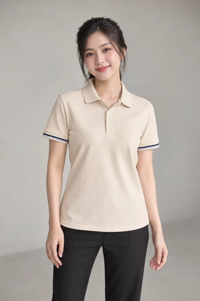 Người mẫu Việt Nam mặc Áo polo đồng phục cổ bẻ trơn màu be kem, vải cotton poly 220gsm, tay áo phối sọc