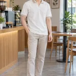 Áo polo đồng phục cổ V phối viền màu be kem, vải pique poly co giãn, viền cổ tương phản