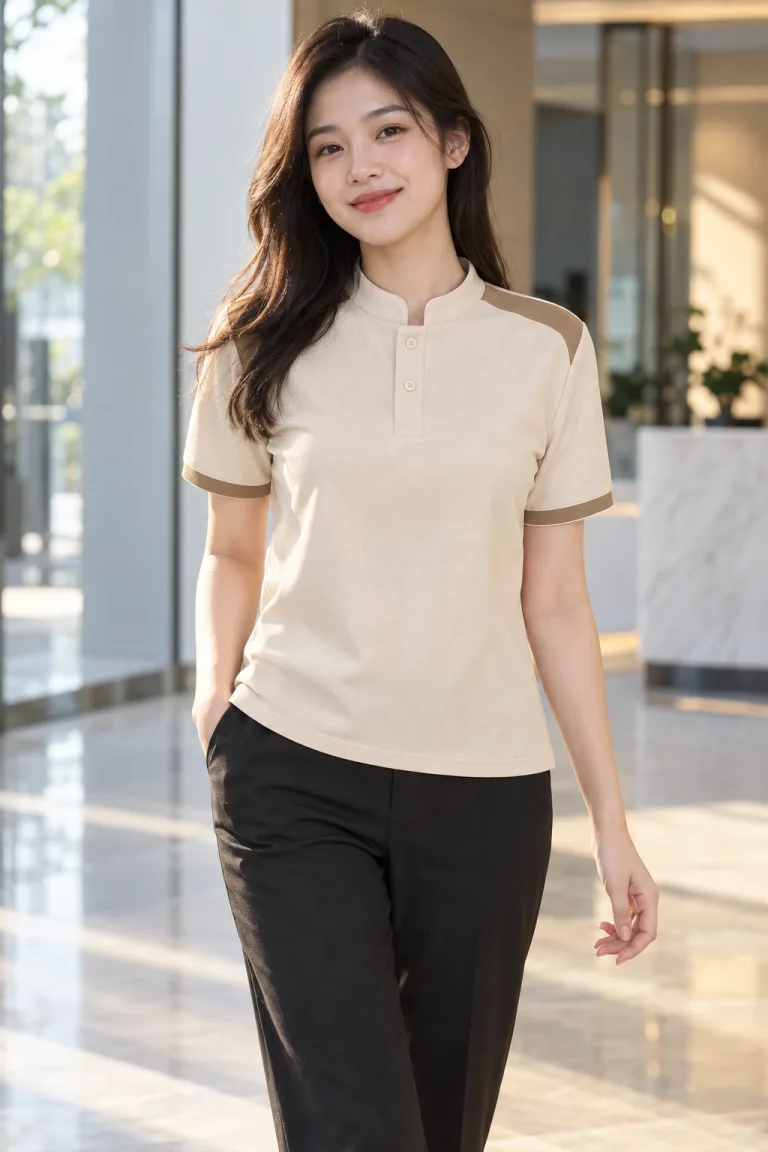 Người mẫu Việt Nam mặc Áo polo đồng phục cổ tàu tối giản màu be kem, vải pique poly co giãn, vai phối màu