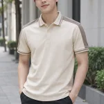 Áo polo đồng phục bo cổ sọc màu be kem, vải cá sấu cotton, vai phối màu
