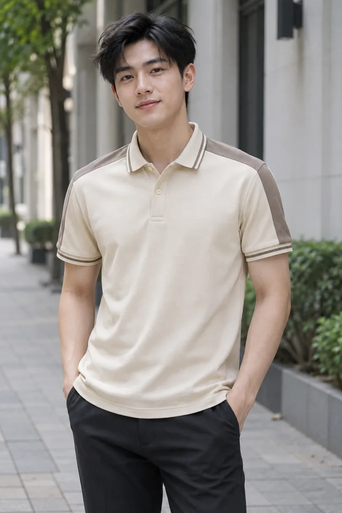 Người mẫu Việt Nam mặc Áo polo đồng phục bo cổ sọc màu be kem, vải cá sấu cotton, vai phối màu