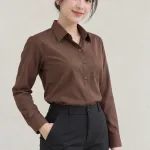 Áo sơ mi đồng phục tay dài cổ đức màu nâu cà phê, vải kate silk, túi ngực gọn
