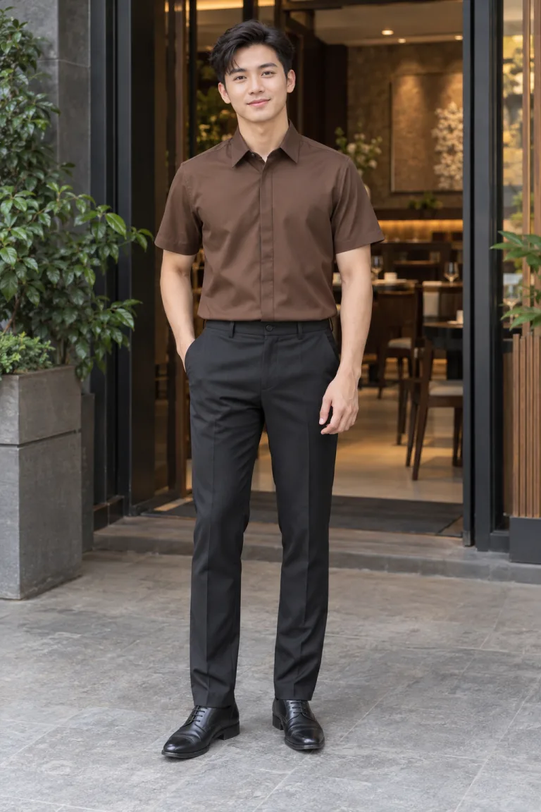 Người mẫu Việt Nam mặc Áo sơ mi đồng phục tay ngắn cổ bẻ màu nâu cà phê, vải poplin ít nhăn, nẹp giấu nút