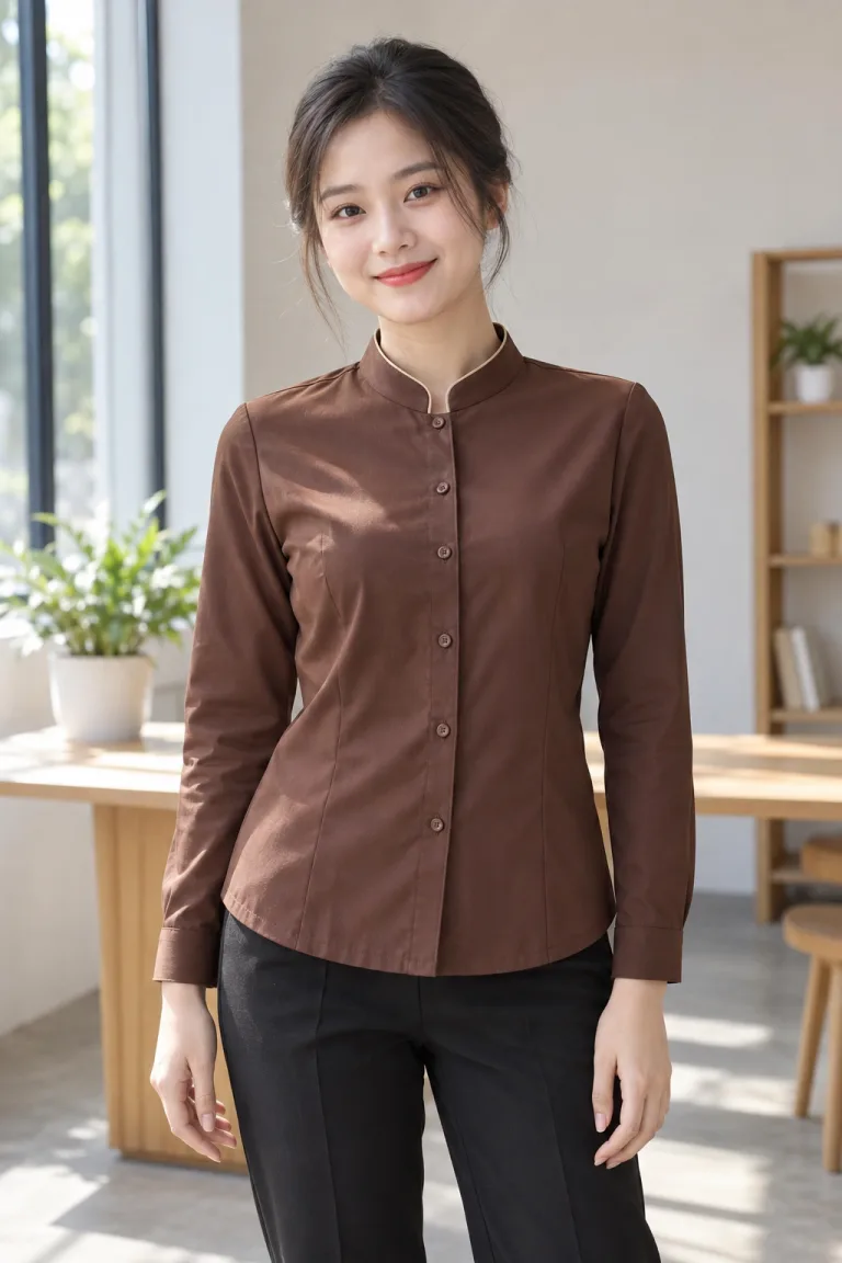 Người mẫu Việt Nam mặc Áo sơ mi đồng phục cổ tàu hiện đại màu nâu cà phê, vải poplin ít nhăn, viền cổ tinh tế