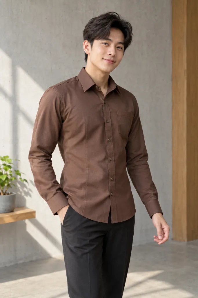 Áo sơ mi đồng phục form nữ chiết eo màu nâu cà phê, vải oxford cotton, túi ngực gọn