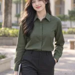Áo sơ mi đồng phục tay dài cổ đức màu xanh rêu, vải oxford cotton, nẹp giấu nút