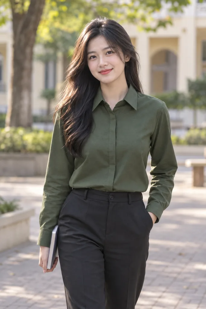 Người mẫu Việt Nam mặc Áo sơ mi đồng phục tay dài cổ đức màu xanh rêu, vải oxford cotton, nẹp giấu nút